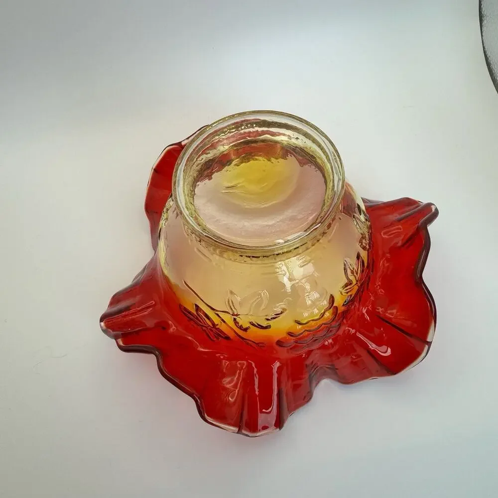Vintage Amberina Glass Bowl bon bon Grape leaf Design Fluted Ruffled Edges GLOWS